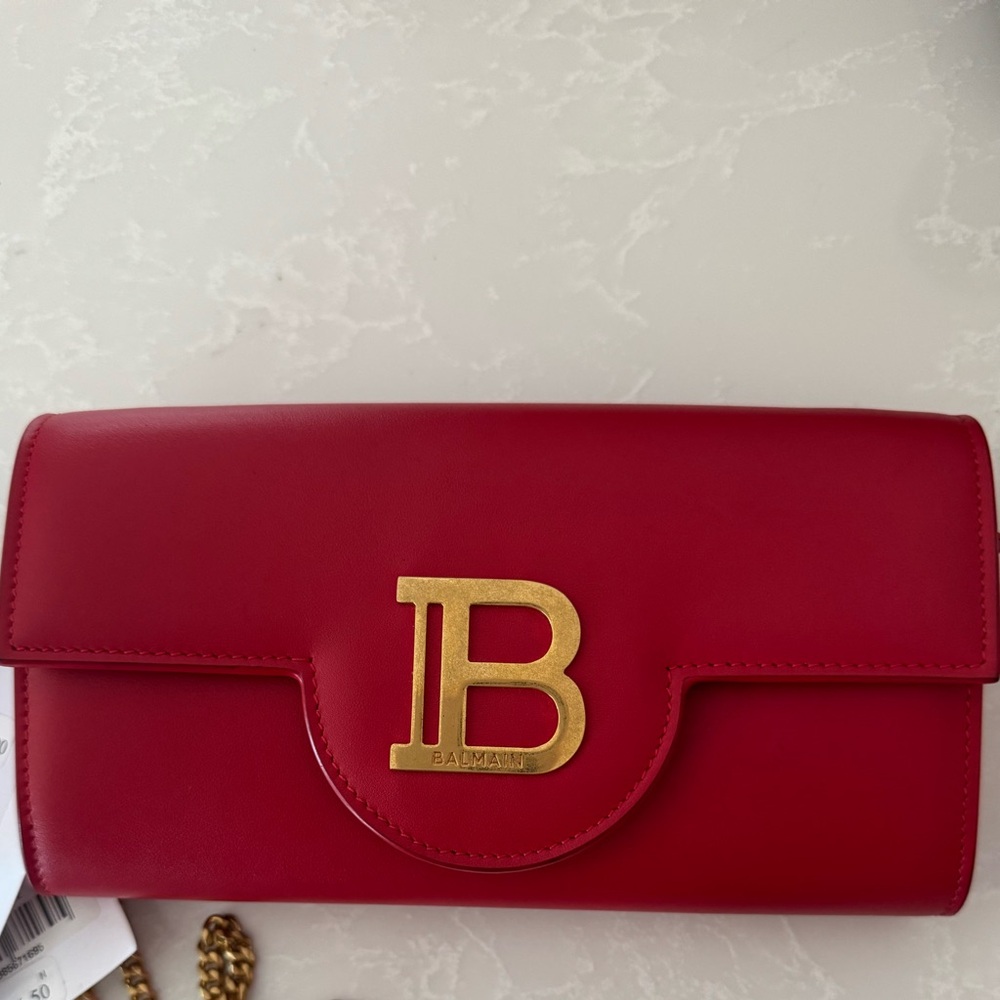 Balmain B-Buzz Leather Wallet-On-Chain Red/Rouge - Picture 6 of 11
